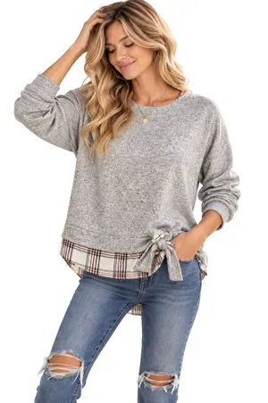 IZOD Cottagecore preppy southern soft crewneck top W layered plaid tie detail L thumbnail 1