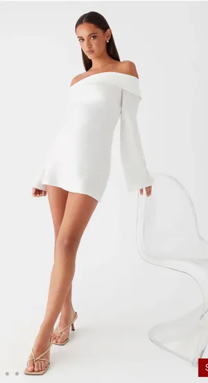 Peppermayo Mini Dress White Silk Off the Shoulder Long-Sleeve thumbnail 1