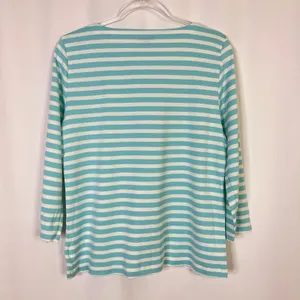 Talbots Aqua White Stripe 3/4 Sleeve Top Button Detail 100% Cotton Womens Large thumbnail 5
