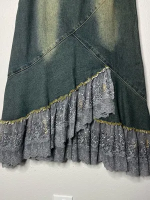 Y2K Vintage Asymmetrical Lace Hem Floral Beaded Fairy Grunge Denim Midi Skirt thumbnail 9