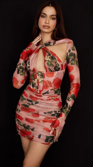 House of CB London Adanna Rose Print Corset‎ Mini Dress Large Pink Red Romantic thumbnail 1