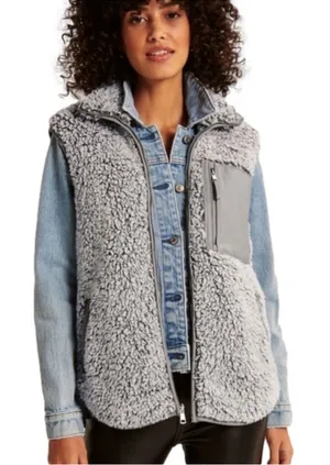 Abercrombie & Fitch Vest Women Small Sherpa Fleece Jacket Gray Leather‎ Pocket S thumbnail 1