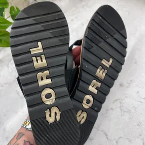 Sorel Ella II Sandal Black Leather Suede Thong Flat Sandals Womens 9.5 thumbnail 5