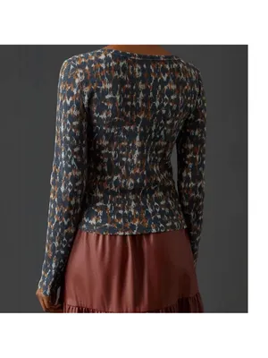 Anthropologie Pilcro notch neck waffle knit in blue orange print size small thumbnail 2
