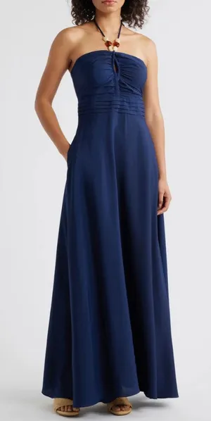 Eliza J Maxi Dress Navy Halter Pleated Embellished Formal Cocktail US 10 NWT thumbnail 1