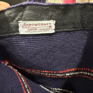 Vintage Arrowcraft shop earthy handwoven Stylish Navy Tote with Pom-Pom Details thumbnail 3