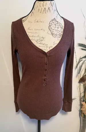 Aerie Womens Ribbed Henley Top Brown Long Sleeve‎ V-Neck Button Slim Fit Medium thumbnail 1