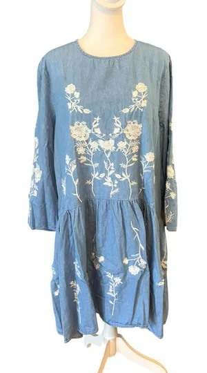Embroidered Floral Cotton Chambray Shift Dress Womens Size XXL thumbnail 1