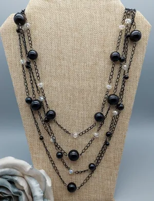 Ethel & Myrtle Black Chain Beaded Multi Strand Necklace 27" Whimsigoth Witchy thumbnail 1