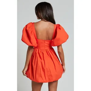 Showpo Tamara Puff Sleeve Mini Dress - NWOT Ruched Cotton Orange Dress US 8 thumbnail 4