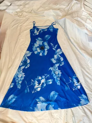 Y2K Royal Blue Floral Maxi Slip Dress Size Large 90s Whimsygoth Resort Wear thumbnail 3