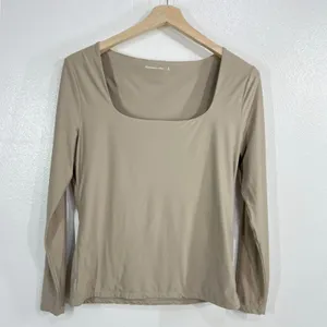 Abercrombie & Fitch Square Neck Top Womens XL Tan Long‎ Sleeve Stretch Essential thumbnail 2