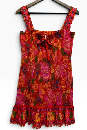 FARM Rio Floral Smocked Mini Dress Ruffle Tie Crochet Hem Large L thumbnail 1