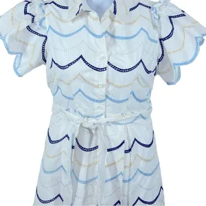 Boutique Blue White Eyelet Cottagecore Midi Dress Tie Waist XL thumbnail 3