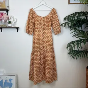 Lost + Wander Golden Dawn Orange Geometric Print Puff Sleeve Boho Maxi Dress S thumbnail 2
