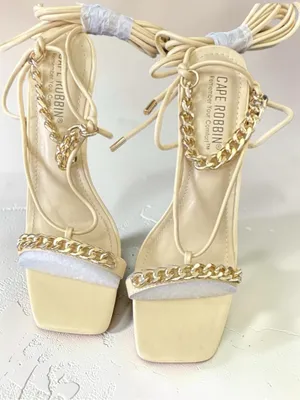 Cape Robbin Beige Lace-Up Heeled Sandals with Gold Chain thumbnail 1