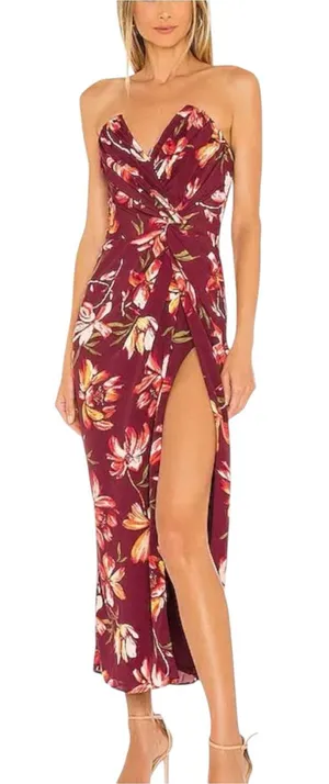 Katie May Come On Home Strapless Burgundy Floral Side Slit Midi Dress XS thumbnail 1