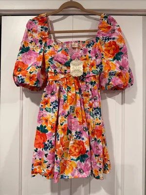Altar'd State “candela” Pink & Orange Floral Puff-Sleeve Mini Dress XS nwt‎ thumbnail 2