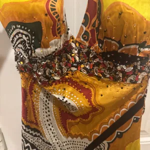 MARY L COUTURE Beads Halter print Dress Sz 10 Yellow Multi 100% SILK thumbnail 9
