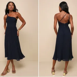 LULUS Prom Wedding Special Event Sexy One Shoulder Flowy Navy Midi Dress NWOT thumbnail 2