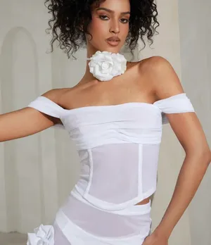 Off Shoulder Mesh Ruched Top thumbnail 3