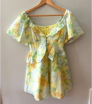 Sabo Skirt Floral Eyelet Mini Dress Size S US 4 Yellow Green Puff Sleeve Ruffle thumbnail 1
