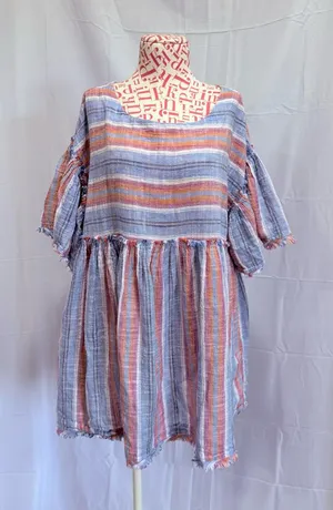 Free People‎ Summer Nights Blue Lagoon Striped Tunic Top Minidress S thumbnail 1