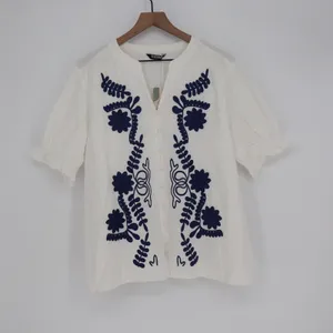 BTFBM Womens XL White Navy Blue Floral Embroidered Button Down Blouse thumbnail 1
