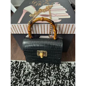 Black Croc-Embossed Bamboo-Handle Shoulder Bag with Gold Hardware thumbnail 2
