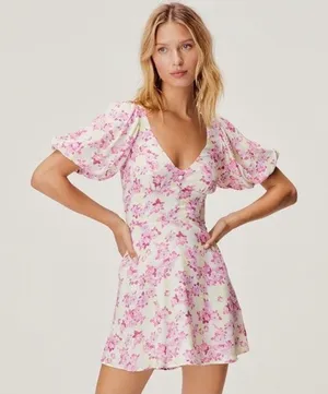 For Love & Lemons Atlanta Puff Sleeve Button Mini Dress Purple Floral S thumbnail 1