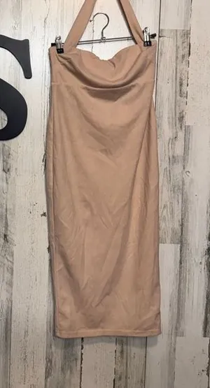 Nude Bodycon Midi Dress XS Halter Strap Fitted Stretch Cocktail Club thumbnail 1