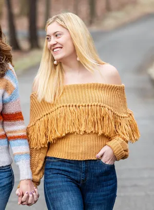 VICI Style Mustard Fringe Off The Shoulder Sweater thumbnail 1