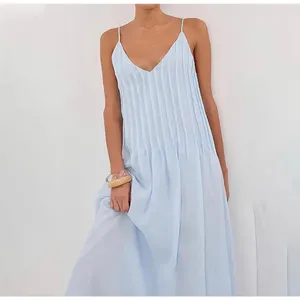 NEW Blue Cotton Pleated Spaghetti Strap Vacation Maxi Dress M thumbnail 8