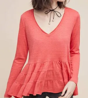 Anthro | Deletta Women's Thea‎ Pink Ruffle Peplum V-Neck Top thumbnail 1