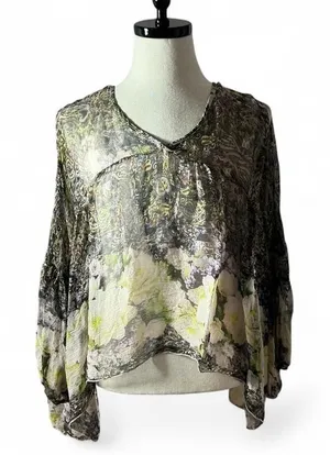 Tempo Paris Boho Floral Paisley Sheer‎ Blouse Womens L Green V-Neck Flowy Gauze thumbnail 1