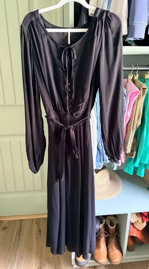 Free People Black Long Sleeve Midi Dress with Tie Waist thumbnail 1