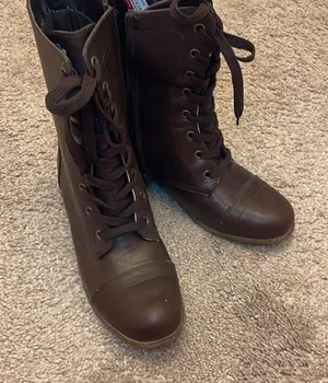 Rasolli brown lace up combat style boot 1.5 inch heel thumbnail 2