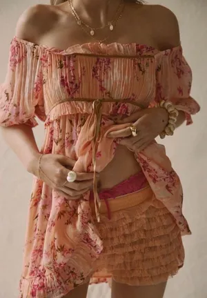 NWT Free People Peach Floral Sheer Babydoll Tunic Mini Dress Boho Romantic M thumbnail 1