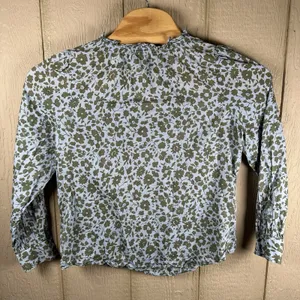 Talbots Cotton Popover Top Large Blue Sage Green Floral Ruffle Trim Long Sleeve thumbnail 4