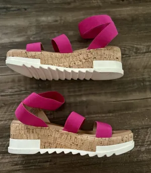 Steve Madden Bandi Fuchsia Pink Elastic Strap Cork Platform Wedge Sandals Sz 9.5 thumbnail 1