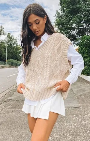 Beginning Boutique Diana Cable Knit Vest Cream thumbnail 1