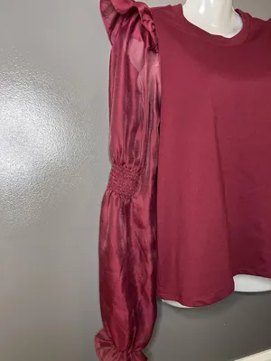 Anthropologie Blouse Womens Small Red Sheer Puff Balloon Sleeve Jersey Top thumbnail 3