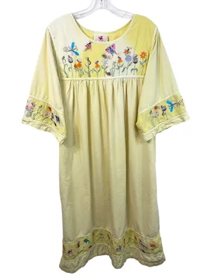 VTG Quacker Factory XL Nightgown‎ Yellow Embroidered Butterfly Cottagecore 411 thumbnail 1