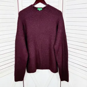 Dip Open Crew Neck Ribbed‎ Knit Wool Blend Sweater Burgundy Red Large thumbnail 7