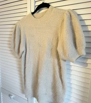 CeCe Almond Colored Fuzzy Short Sleeve Sweater thumbnail 3