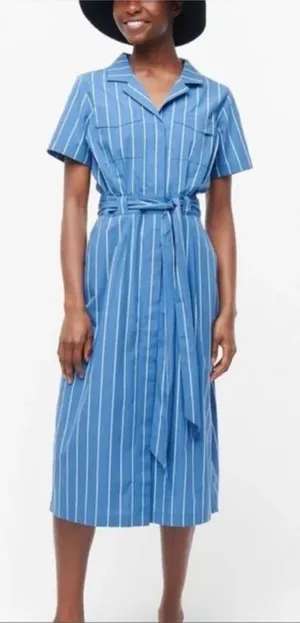 NWT J.Crew Blue & White Striped Belted Midi Dress thumbnail 1