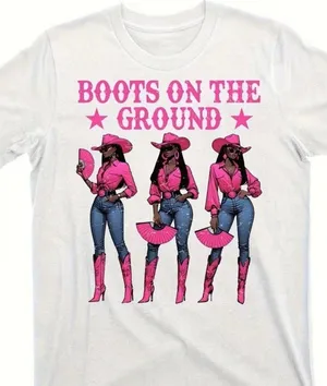 BRAND NEW ~ Women's White Cowboy "Boots On The Ground" T-Shirt Top ~ MEDIUM thumbnail 1