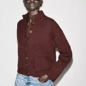 Zara NWT brown button front knit sweater cardigan bomber jacket thumbnail 4