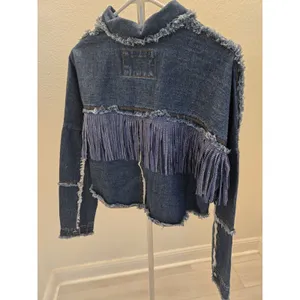 Garage The Style Between Us Denim Jacket M Blue Fringe Rhinestone Cropped Distressed thumbnail 5