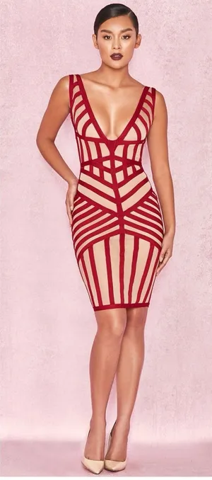 HOUSE OF CB London Genevieve Crimson Bandage And Beige Mesh‎ Dress thumbnail 1